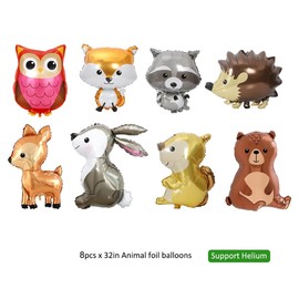 8 Pcs Woodland Animal Balloons, Large Cute Forest Animal Foil Balloons, Deer Raccoon Brown Hedgehog Owl Rabbit Fox Squirrel Rabbit Balloons for Woodland Themed Party Camping Birthday Baby Shower
