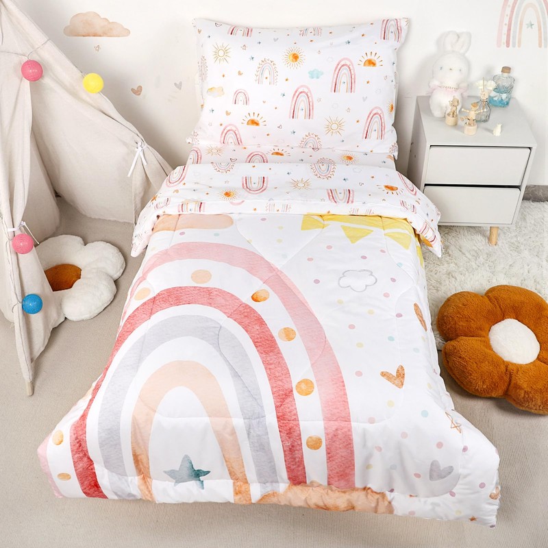 CARUILI Toddler Bedding Set for Girls 4 Piece Pink Rainbow