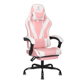 ErgoDesign Gaming Chair with Linkage Armrest & Footrest, High Back Video Gaming Chair, Pink/White