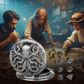 Mini DND Dice Set, Steampunk Hollow Octopus Pocket Watch Case, 7-Piece Polyhedral Metal, D&D Dice Set, DND Gifts with Leather Bag, Role Play Board Game Accessories, Dark Silver