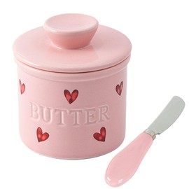 YumiPLUS Ceramic Butter Crock with Spreader Knife, Cute French Butter Dish with Lid, Porcelain Butter Keeper for countertop, Round Butter Container, Butter Jar for Kitchen (Pink, standard)