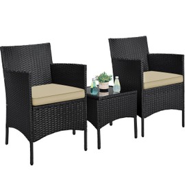 Yaheetech 3 Pieces Patio Conversation Set, Outdoor Rattan Bistro Furniture, 2 Chairs with Cushions & 1 Side Table for Bistro/Porch/Garden/Deck/Courtyard, Black/Khaki