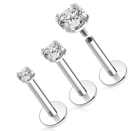 GAGABODY Forward Helix Earring 2/3/4mm Cubic Zirconia 3pcs G23 Titanium 16G 8mm Internally Threaded Labret Cartilage Tragus Monroe Lip Studs Piercing