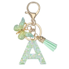 PATIKIL Alphabet Initial Letter Keychain, Resin Cute Keychains with Tassel Butterfly Letter A Pendant Charm for Women Key Purse Handbag Bag Accessories, Green
