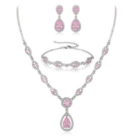 BriLove Wedding Bridal Jewelry Set for Women Bride Guest Dresses, Cubic Zirconia Teardrop Y-Necklace Link Bracelet Drop Dangle Earrings Pink Silver-Tone