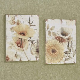 Cheerful Blooms Floral Wooden Wall Art Plaques Yellow Set of 2