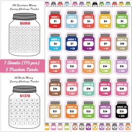 100 Envelopes Money Saving Challenge Stickers and Tracker, 52 Week Money Saving Challenge Stickers and Tracker, Cute Jar Stickers and Tracker