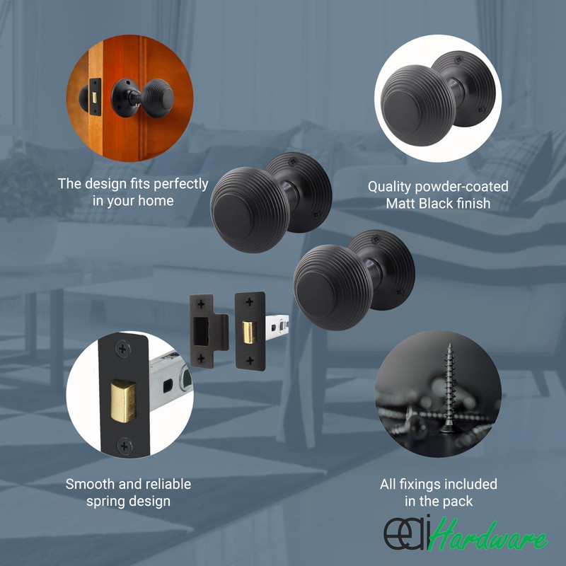 EAI Beehive Reeded Black Door Knob Set | 1 Pair