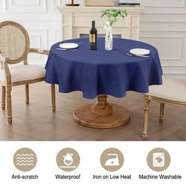 AUSSPVOCT Textured Tablecloth Round 54 Inch Waterproof Spill-Proof Wipeable Navy Blue Table Cloth Wrinkle Free Fabric Dining Table Cover for Birthday Party Farmhouse Outdoor Kitchen Tabletop Cover