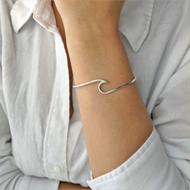 Silverly Ocean Wave Thin Solid Silver Bangle - Beach Inspired Sterling Silver Bracelet for Women - Wavy Silver Torque Bangle - Adjustable Cuff Bracelets for Teenage Girls