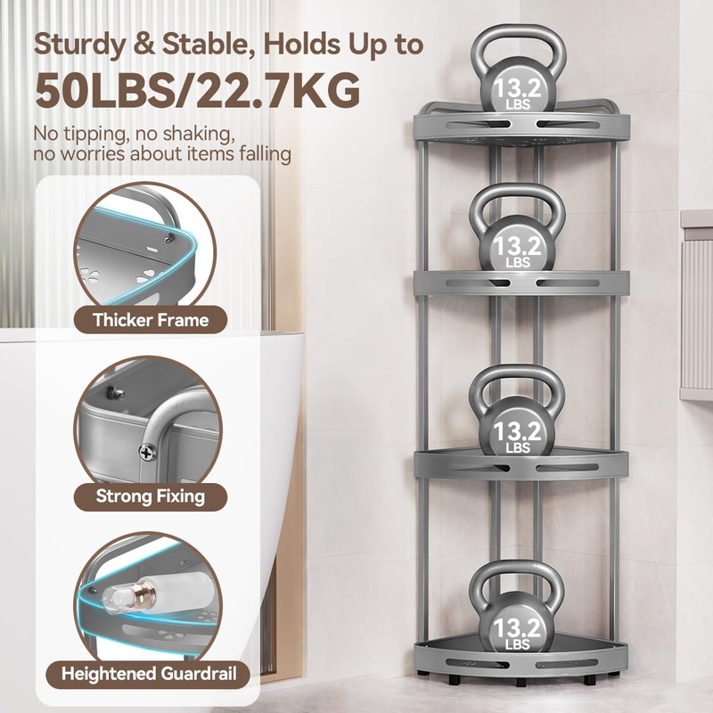 Binecer Corner Shower Caddy Stand, 4 Tier Standing Shower Organizer