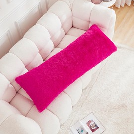 Uhamho Body Pillow Cover Large Fluffy Shaggy Lumbar Full Body Pillowcase 21 x 54 Inches Soft 1 Pack Modern Home Decorative Zipper Closure, Hot Pink