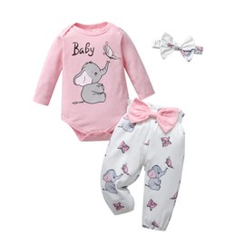 Joureker Newborn Baby Girl Clothes Sets Long Sleeve Elephant Animal Pattern Printed Romper + Pants 3Pcs Outfits, Pink, 9-12 Months