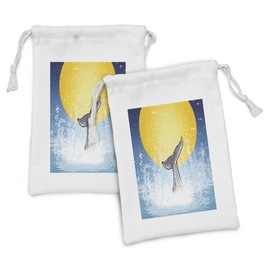 Ambesonne Whale Fabric Pouch Set of 2, Whales Tail in Ocean on Full Moon Diving in Water Swimmer Marine Animal Print, Small Drawstring Bag for Toiletries Masks and Favors, 9" x 6", Yellow Grey Blue