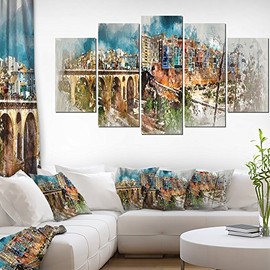 Design Art Villajoyosa Town Digital Art Panorama-Cityscape Artwork Canvas-60x32 5 Piece, 60x32-5 Panels Diamond Shape, Red