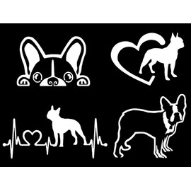 Boston Terrier Decal Pack: Peeking, Heartbeat, Dog in Heart, Standing (Large 5", White)