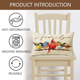 Fjfz Family Birds Cardinal Lumbar Decorative Throw Pillow Cover 12 x 20, Rectangular Watercolor Red Bird Bluebird Robin Outdoor Home Decor, Goldfinch Chickadee Branch Couch Cushion Case