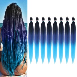 Ombre Pre stretched Braiding Hair, 36 Inch Kanekalon Braid Hair Extensions, 8 packs Multi Color blend braiding hair pre-stretched, Crochet Hair Braiding (36''-8 packs,1b/purple/l.blue)