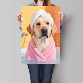 Cute Labrador Bath Time Wall Art Modern Pet Bathroom Canvas Print Funny Animal Artwork Trendy Picture Painting Whimsical Pet Decor for Washroom Kids Room Living Room Office 16x24in Unframed