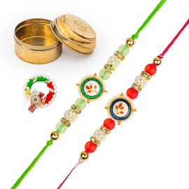 Set of 2 Rakhi for Brother Bhabhi Bhatija Bhaiya Bhai Raksha Bandhan gift Rakhi Thread Rakhi with Roli Chawal Gift Pack in small Brass Box (Red and Green)