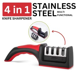 Knife Sharpener 4 in 1 Stainless Steel Kitchen knifes and Scissors Sharpening tool with 4 Stage Sharpener slots Ergonomic Design, Red & Black