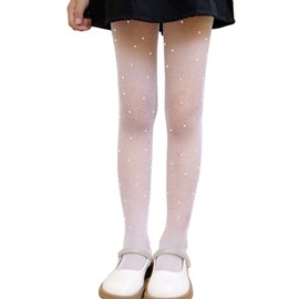 LOLANTA 2 Pack Girls Fishnet Tights, Glitter Rhinestone Tights for Kids Dance Tights 4-13 Years, Gloss White