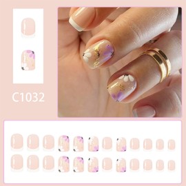24 Pcs Press on Nails White French Fake Nails Short Square False Nails with Flowers Designs Press Ons Glue on Nails Nude with Gold Glitter Glossy Nail Tips Full Cover Acrylic Stick on Nail for Women