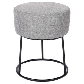 BirdRock Home Grey Linen Foot Stool Ottoman – Soft Compact Round Padded Seat - Living Room, Bedroom and Kids Room Chair – Black Metal Legs Upholstered Decorative Furniture Rest – Vanity Seat