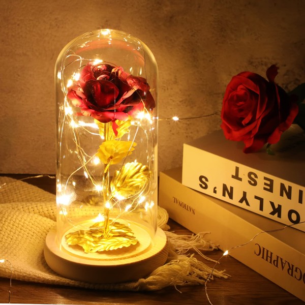 24K Eternal Rose Gift for Women/Wife/Grandma/Girlfriend Galaxy Valentine's Gift for Her Rose Flower Artificial Roses in Glass Dome with LED Light Strip on Mother's Day Valentine's Day,Anniversary