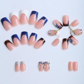 24 Pcs Press on Nails Short YEFIUO Pink Nail Tips Acrylic Nail Kit Square Fake Nails Press ons Stick on Nails Full Cover Reusable Artificial False Nails French Rhinestones Glue on Nails for Women