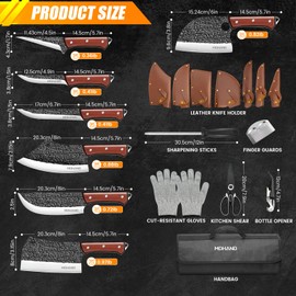 MDHAND 14PCS Butcher Knife Set, Hand Forged Butcher Chef Knife Set with Roll Bag, Sharp Meat Cleaver Knife & Bone Chopper Knives & Fillet Knives for Home & Camping & BBQ Gift for Men