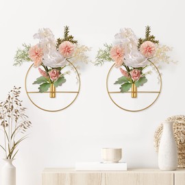 Yorkmills Artificial Flower Wall Decor with Round Hanging Vase Set of 2, Gold Metal Wall Planter Decoration Fake Pink and White Flowers Home Wall Decor for Living Room, Dining Room, Bedroom, Bathroom