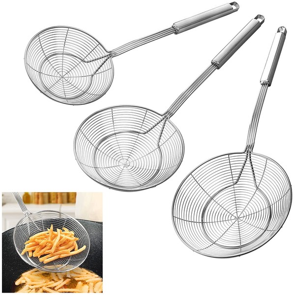 KEISSCO Stainless Steel Spider Strainer Skimmer Spoon For Frying and Cooking - Set of 3 Solid Wire Asian Strainer Ladle Pasta Strainer with Long Handle, Professional Kitchen Skimmer Ladle
