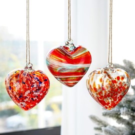 3.9inch Set of 3 Hand Blown Glass Hanging Heart Ornaments Handmade Friendship Heart Glass Red Christmas Hanging Heart Shaped Ornaments for Outdoor Christmas Tree Decor