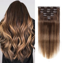 VKHAIR Clip in Hair Extensions Real Human Hair 16 inch, 7Pcs/70g Human Hair Clip in Extensions, Seamless Clip in Hair Extensions Human Hair #4/27/4, 16 Inch