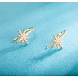 SLUYNZ Solid 925 Sterling Silver Sparkling Star Drop Earrings for Women Teen Girls CZ Star Drop Hook Earrings (B-Gold Plated)