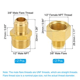 PATIKIL Brass Flare Coupling Fitting, 2 Set 1/2" Male NPT x 3/8" Male Flare and 3/8" Male Flare x 1/2" Female NPT Thread Brass Pipe Fitting Half-Union Connector Tubing Adapter Coupler