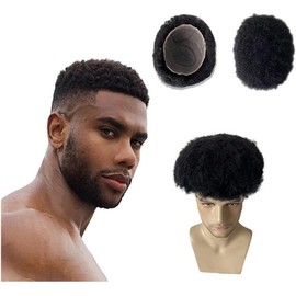 Hombres Tupé afro rizado for hombres negros, 20 x 25 cm, base de encaje completo, doble nudo, prótesis capilar Postizo(1b#,6mm curly)
