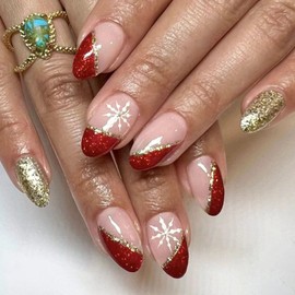 Christmas Press on Nails Medium Almond Fake Nails with Snowflake Designs Red French Tip Acrylic Nails Glossy Glue on Nails Golden Glitter False Nails Nude Stick on Nails for Women 24 Pcs