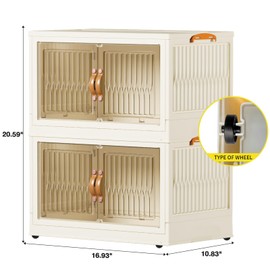 villertech Stackable Storage Bins 30 Qt, Folding Storage Box with Lids and Doors, Open Front Folding Storage Bins with Wheels Large Plastic Storage Container Closet Organizers (2 Tier)