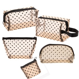 Siomlana Set of 5, Mesh Cosmetic Pouch, Net Bag, Cosmetic Bag, Makeup Pouch, Pen Case, Toiletry Bag, Crowd Love Pattern, Large Capacity, Cute, Lightweight, Cosmetic Pouch, Multifunctional, Cosmetic Storage, Travel, Gift (Yellow)