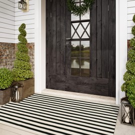 Sungea Striped Outdoor Rugs 3'x5', Cotton Hand Woven Rug Front Door Mat,Washable Reversible Layered Door Mats, Foldable Front Porch Rug for Entryway/Home Entrance/Farmhouse(Black and White)