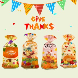 50 Pcs Thanksgiving Fall Cellophane Bags Maple Leaves Cello Bag Goodie Treat Autumn Pumpkin Candy with 50 Gold Twist Ties for Party Supplies Gift Wrapping