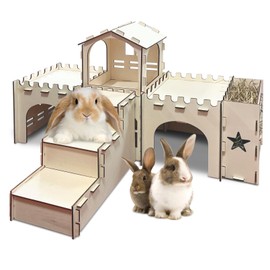 PINVNBY Extra Large Bunny Castle Hideout with Hay Feeder, Wooden Rabbit House Hide Climbing Detachable Indoor Wood Hideaway Castle Tower Tunnel for Rabbit Guinea Pig Hamster Chinchilla Ferret
