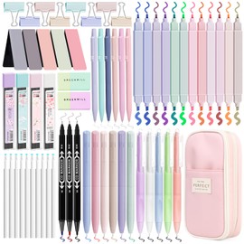 Focxoio 62PCS Aesthetic School Supplies with Cute Pen Case, 12 Pastel Highlighters, 11 Gel Pens, 6 Mechanical Pencils Set 0.5 & 0.7 mm for Students Stationery College Essentials, Pink