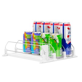 Rula Drink Organizer for Fridge, Self-Pushing Soda Can Dispenser for Mini Refrigerator, Width Adjustable Water Bottle Pusher Glide, White, 5 Rows,12.2” D