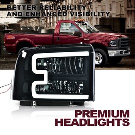 CNNELL Headlight Assembly with LED DRL Bar Compatible with 2005 2006 2007 Ford F250 F350 F450 F550 SuperDuty Headlamp(Smoky lens Black Housing Clear Reflector)