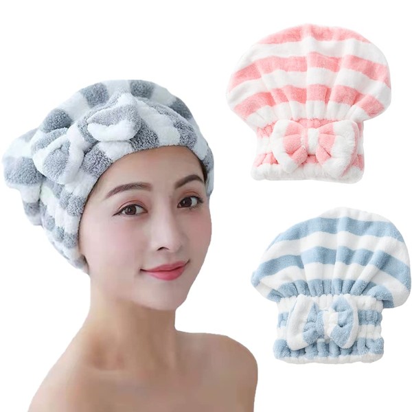 Anller Microfiber Hair Drying Towels with Bow Knot Shower Cap Hair Turban Swimming Cap for Wet Hair Bath Accessories for Women with Long and Thick Hair (Pack of 2)
