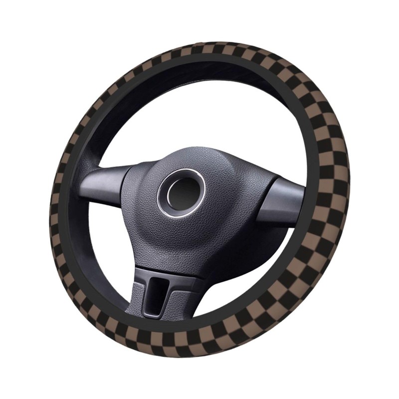 Black Brown Checkered Steering Wheel Cover Universal 15 Inch, Non