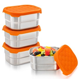 Goaste 4 Pack Stainless Steel Containers, 8 OZ Small Snack Container with Silicon Lids, Leakproof Sauce Dip Containers, Kids Lunch Box Food Container for School, Picnics, Camping Trips, Rectangle